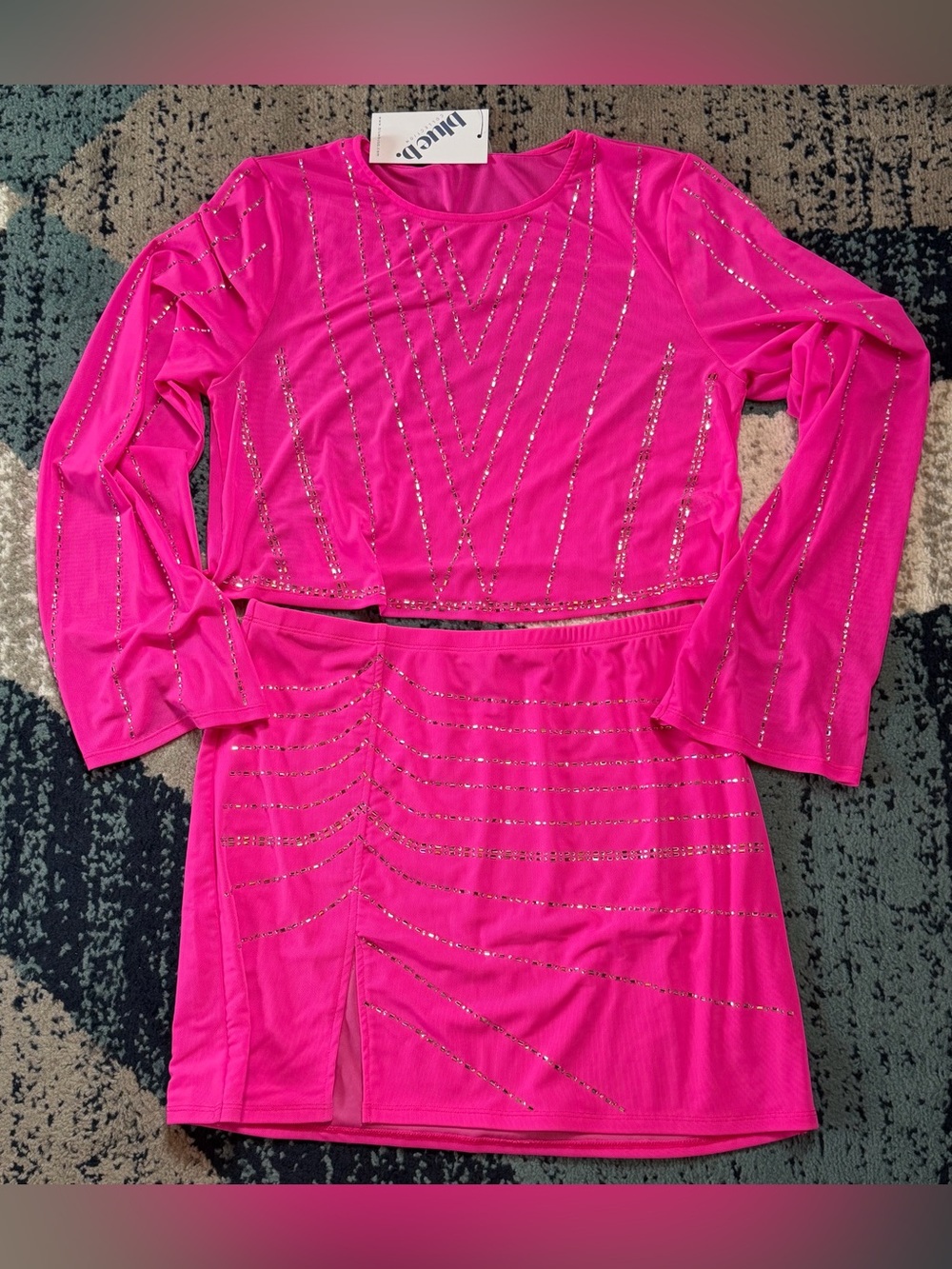 Blueb Collection Hot Pink Rhinestone 2-Piece Crop Top & Mini Skirt Set L NWT